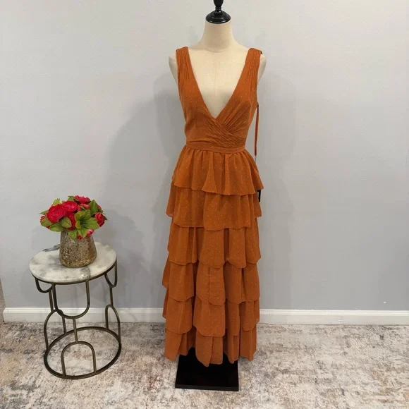 leena For Mac Duggal Burnt Orange Polka Dot Ruffle Tiered Maxi Gown - Reemoly